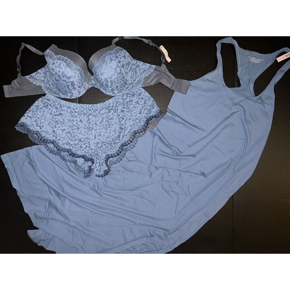 Victoria's Secret 34DDD BRA SET+S SHORTS+M/L long GOWN SLIP Gray BLUE Body By